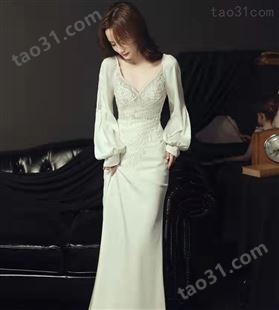 白色晚礼服女气质宴会轻奢长袖鱼尾设计感主持人连衣裙高级感