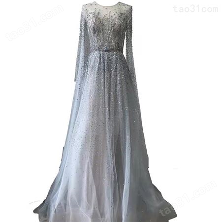 奢华银灰色超仙闪钉珠飘纱水袖长袖晚礼服年会主持演出新娘