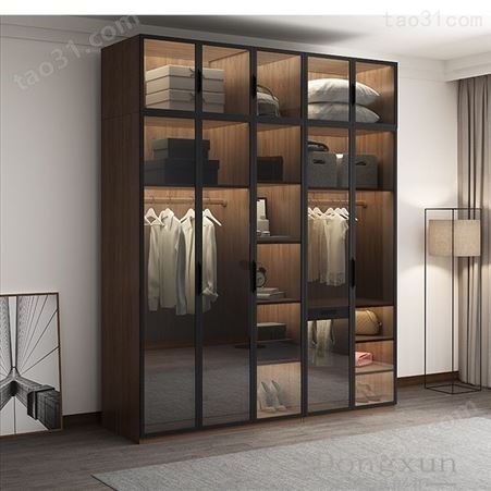 简约现代卧室衣柜平开门组合整体大衣柜北欧经济型钢化玻璃门衣橱衣柜定制展柜厂